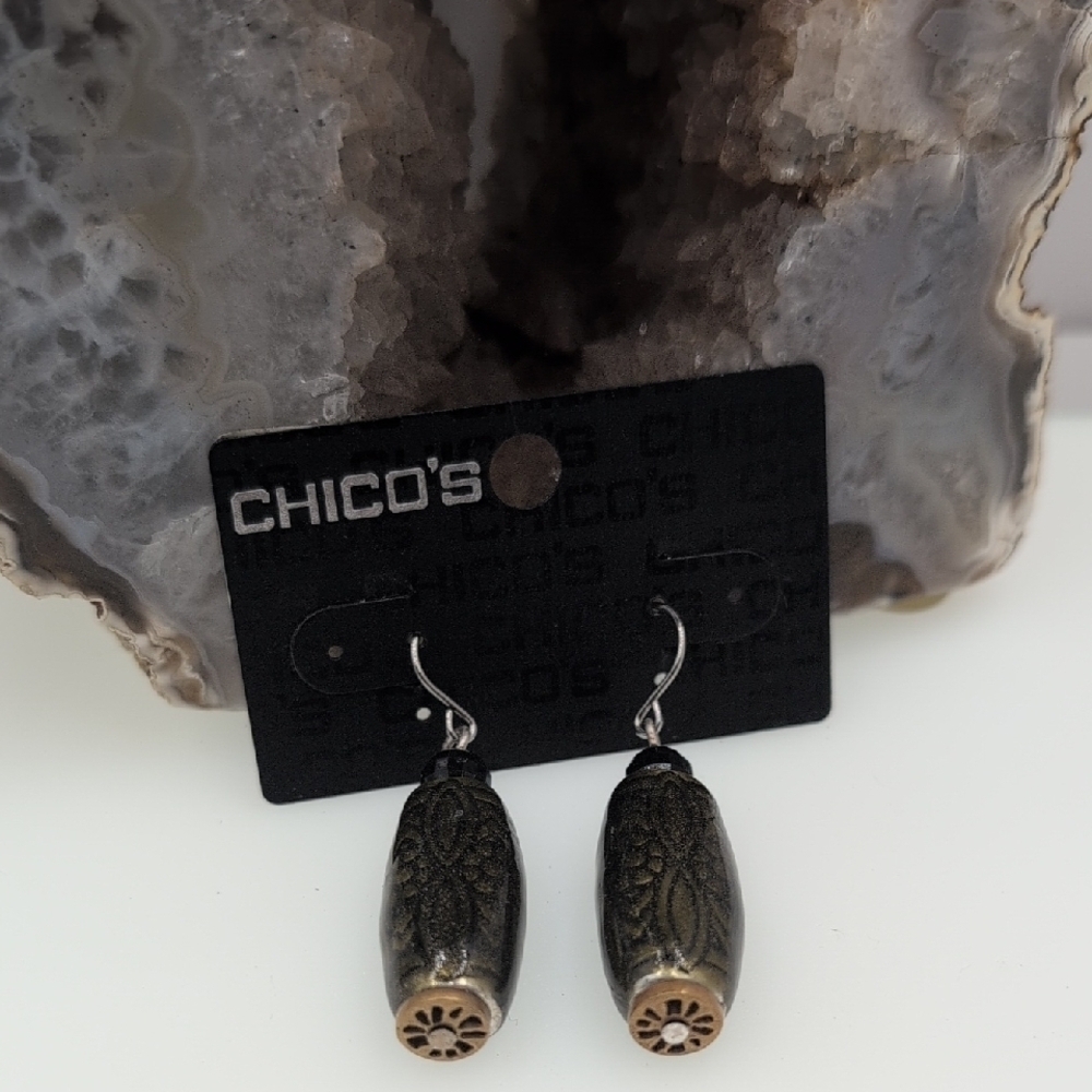 Chico’s Antiqued Bronze Etched Barrel Bead Dangle Earrings